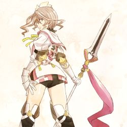 Rule 34 | 1girl, alisha diphda, black shorts, brown hair, capelet, from behind, gloves, green eyes, hair rollers, holding, holding spear, holding weapon, long hair, looking at viewer, mishiro (andante), neck ribbon, polearm, ribbon, short shorts, shorts, side ponytail, simple background, solo, spear, tales of (series), tales of zestiria, weapon, white background, white capelet, white gloves, yellow ribbon