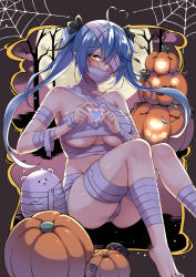 Rule 34 | 1girl, ahoge, animal, bandages, bare shoulders, barefoot, black ribbon, blue hair, breasts, facial hair, hair ribbon, heart, heart ahoge, heart hair, heart hands, highres, hololive, jack-o&#039;-lantern, large breasts, long hair, looking at viewer, mibry (phrysm), moon, mummy costume, mustache, naked bandage, one eye covered, pointy ears, pumpkin, ribbon, silk, solo, spider web, tree, twintails, underboob, virtual youtuber, yellow eyes, yukihana lamy