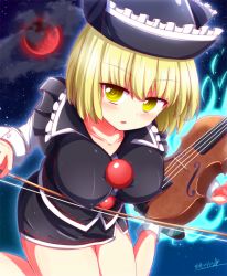 Rule 34 | 1girl, bad id, bad pixiv id, bent over, blonde hair, bow (music), breasts, cloud, female focus, gradient background, hat, instrument, kisaragi zwei, large breasts, long sleeves, looking at viewer, lunasa prismriver, moon, red moon, shirt, signature, skirt, skirt set, sky, solo, star (sky), starry sky, touhou, vest, violin, yellow eyes