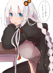 Rule 34 | 1girl, black coat, black thighhighs, blue eyes, blush, braid, breasts, coat, commentary, desk, dress, from side, grey dress, hair ornament, highres, kizuna akari, kujira hebi, large breasts, leaning forward, leaning on object, looking at viewer, open mouth, sitting, solo, star (symbol), star print, thighhighs, translated, twin braids, vocaloid, voiceroid, white hair