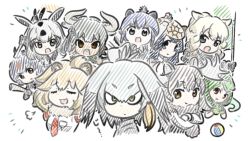 Rule 34 | 10s, 6+girls, :d, :o, puff of air, african porcupine (kemono friends), animal ears, antlers, appleq, arabian oryx (kemono friends), armor, arms up, aurochs (kemono friends), ball, bear ears, bird wings, black hair, blonde hair, blue hair, breast pocket, brown eyes, character request, chibi, crossed arms, dark-skinned female, dark skin, expressionless, eyebrows, closed eyes, giant armadillo (kemono friends), green hair, grey hair, head wings, highres, horns, japanese black bear (kemono friends), kemono friends, lion (kemono friends), lion (warship girls r), lion ears, long hair, looking at viewer, low ponytail, moose (kemono friends), moose ears, multicolored hair, multiple girls, necktie, open mouth, panther chameleon (kemono friends), pocket, red eyes, shirt, shoebill (kemono friends), side ponytail, smile, white rhinoceros (kemono friends), wings, yellow eyes