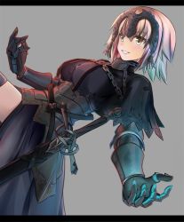 Rule 34 | 1girl, alternate hair length, alternate hairstyle, armor, armored dress, blonde hair, breasts, capelet, dark persona, fate/apocrypha, fate/grand order, fate (series), gauntlets, headpiece, jeanne d&#039;arc (fate), jeanne d&#039;arc alter (avenger) (fate), jeanne d&#039;arc alter (fate), rain (nadroj31), short hair, smile, solo, thighhighs, weapon, yellow eyes