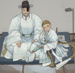Rule 34 | 1boy, 1girl, absurdly long hair, beard, blonde hair, blue eyes, bow scabbard, braid, child, chinese clothes, closed mouth, facial hair, father and daughter, grin, twirling hair, hanbok, hat, heterochromia, highres, holding, korean clothes, long hair, long sleeves, mossacannibalis, original, sitting, smile, traditional clothes, very long hair, yellow eyes