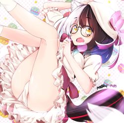 Rule 34 | 1girl, a:n (angrynum), abstract background, artist name, ass, bad id, bad pixiv id, black hair, dress, fang, food, frilled dress, frills, glasses, highres, lens flare, macaron, multicolored hair, original, panties, pink ribbon, polka dot, polka dot background, ribbon, seren (angry num), solo, split-color hair, tail, tattoo, two-tone hair, underwear, white hair, white panties, yellow eyes