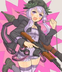 Rule 34 | 1girl, ak-47, assault rifle, black hoodie, blush, boots, border, camouflage, camouflage headwear, commentary request, cowboy shot, criss-cross halter, dress, explosion, fang, floating hair, green footwear, green hat, grey border, gun, halter dress, halterneck, hat, holding, holding gun, holding weapon, hood, hood down, hoodie, kalashnikov rifle, long hair, long sleeves, looking at viewer, microdress, open clothes, open hoodie, open mouth, purple background, purple dress, purple eyes, purple hair, purple thighhighs, rifle, rocket launcher, rpg, rpg-7, rpg (weapon), samaru (seiga), short hair with long locks, shoulder strap, sidelocks, smile, solo, standing, standing on one leg, thighhighs, thighs, trigger discipline, v-shaped eyebrows, vocaloid, voiceroid, weapon, yuzuki yukari