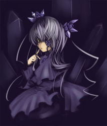 Rule 34 | 00s, 1girl, barasuishou, crystal, dress, expressionless, finger to mouth, flower eyepatch, hair ribbon, index finger raised, inemuri uno, inemuriuno, long sleeves, looking at viewer, pink eyes, purple dress, ribbon, rozen maiden, silver hair, solo, upper body