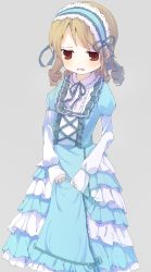Rule 34 | 10s, 1girl, blue dress, blue ribbon, blush, brown eyes, clothes lift, dress, dress lift, drill hair, earrings, female focus, frown, grey background, hairband, highres, idolmaster, idolmaster cinderella girls, jewelry, lace, light brown hair, lolita fashion, long sleeves, morikubo nono, open mouth, ribbon, short hair, simple background, skirt hold, sleeves past wrists, solo, tofu1601