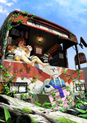 Rule 34 | androgynous, bag, barefoot, book, bookshelf, brown hair, bus, cloud, cobaso, day, drinking straw, from below, gender request, highres, juice, lamp, motor vehicle, open mouth, original, overgrown, ruins, shade, shirt, short hair, sitting, sky, solo, sunlight, vehicle, white shirt