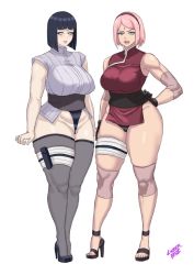 Rule 34 | 2girls, aged up, annoyed, black gloves, black hair, black legwear, blush, bob cut, boruto: naruto next generations, breasts, closed mouth, cyberboi, elbow pads, facial mark, female focus, female pubic hair, forehead jewel, forehead mark, gloves, green eyes, hand on own hip, haruno sakura, heels, high heels, holster, huge breasts, hyuuga hinata, knee pads, large breasts, legs, lips, looking at viewer, mature female, multiple girls, naruto (series), no pupils, open mouth, pink hair, pubic hair, pupiless eyes, purple eyes, short hair, sleeveless, tagme, talking, talking, thick thighs, thighhighs, thighs, white background, white eyes, wide hips