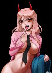 Rule 34 | + +, 1girl, artist name, bottomless, breasts, chainsaw man, demon girl, demon horns, hair between eyes, highres, horns, john joseco, large breasts, long hair, looking at viewer, pink shirt, power (chainsaw man), red eyes, red horns, sharp teeth, shirt, signature, teeth, tongue, tongue out, unbuttoned