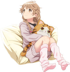 Rule 34 | 1girl, abe kanari, braid, brown eyes, brown hair, character request, grey skirt, high school fleet, highres, holding, holding stuffed toy, knees up, looking to the side, loose socks, nosa kouko, pillow, pink socks, sitting, skirt, smile, socks, solo, stuffed animal, stuffed cat, stuffed toy, twin braids, white background