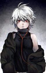 Rule 34 | .flow, 1girl, bad id, bad pixiv id, earphones, expressionless, highres, looking at viewer, open mouth, red eyes, sabitsuki, short hair, shousan (hno3syo), simple background, sleeveless, sleeveless turtleneck, solo, turtleneck, white hair