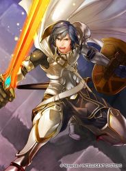 Rule 34 | 1boy, armor, armored boots, blue eyes, blue hair, boots, cape, chrom (fire emblem), company connection, energy, falchion (fire emblem), fighting stance, fire emblem, fire emblem awakening, fire emblem cipher, glowing, glowing sword, glowing weapon, holding, holding shield, holding sword, holding weapon, kita senri, light particles, male focus, matching hair/eyes, nintendo, official art, open mouth, pants, purple background, serious, shield, short hair, solo, sword, teeth, weapon, white armor, white cape