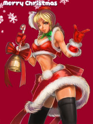 Rule 34 | 10s, 1girl, bare shoulders, bell, black thighhighs, blonde hair, bow, bowtie, breasts, candy, candy cane, christmas, cowboy shot, drill hair, food, fur-trimmed crop top, fur-trimmed gloves, fur-trimmed skirt, fur trim, gloves, green bow, green bowtie, hat, highres, holding, holding candy, holding candy cane, holding food, looking at viewer, mahou shoujo madoka magica, mahou shoujo madoka magica (anime), matching hair/eyes, medium breasts, merry christmas, midriff, miniskirt, narrow waist, navel, one eye closed, panties, panty peek, parted lips, pointing, ray (nagaseray), red background, red bow, red hat, ribbon, santa costume, simple background, skirt, snowflakes, solo, standing, thighhighs, tomoe mami, underwear, white panties, wink, yellow eyes