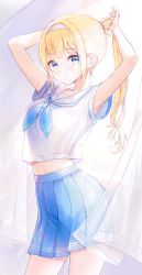 Rule 34 | 1girl, absurdres, armpit peek, armpits, arms behind head, bare arms, blonde hair, blue eyes, blue skirt, breasts, closed mouth, contrapposto, cowboy shot, crop top, crop top overhang, expressionless, hairband, high-waist skirt, highres, long hair, looking at viewer, midriff, miniskirt, navel, neckerchief, original, pleated skirt, ponytail, revision, sailor collar, school uniform, serafuku, shirt, short sleeves, sidelocks, skirt, small breasts, solo, standing, sweat, white shirt, yuna (deadawon)