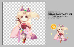 Rule 34 | 1990s (style), blonde hair, bow, brown eyes, cape, detached sleeves, dissidia final fantasy, final fantasy, final fantasy vi, hair bow, lowres, nito (tinabfd), pantyhose, pixel art, retro artstyle, tina branford
