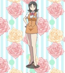 Rule 34 | 1girl, absurdres, agent aika, aika (series), black eyes, black hair, blue delmo, blush, breast pocket, breasts, brown footwear, buttons, closed mouth, commentary request, floral background, flower, full body, hand on own hip, high heels, highres, kuroyoshi, light blush, looking at viewer, medium breasts, neck ribbon, orange skirt, orange vest, pencil skirt, pocket, red ribbon, ribbon, rose, shirt, short hair, short sleeves, skirt, smile, solo, standing, uniform, vest, waitress, waitress delmo, white shirt