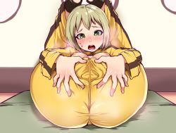 Rule 34 | 10s, 1girl, ass, bad id, bad pixiv id, blonde hair, blush, bodysuit, breasts, contortion, flexible, folded, green eyes, huang baoling, impossible clothes, legs over head, medium breasts, open mouth, pussy, riko (k riko), skin tight, solo, spread pussy, spread pussy under clothes, sweat, tiger &amp; bunny
