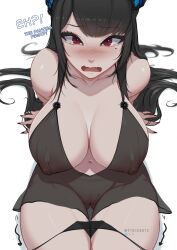 Rule 34 | 1girl, absurdres, bare shoulders, black hair, black panties, blush, breasts, cleft of venus, clothes pull, collarbone, crystal horns, demon horns, english text, highres, hololive, hololive english, horns, large breasts, long hair, looking at viewer, mole, mole on crotch, mole under eye, myth1carts, navel, nerissa ravencroft, nerissa ravencroft (1st costume), nipples, open mouth, panties, panty pull, patreon logo, pixiv logo, pussy, red eyes, see-through, solo, tears, twitter logo, uncensored, underwear, virtual youtuber