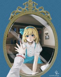 Rule 34 | 1girl, alice margatroid, alice margatroid (pc-98), blonde hair, blue eyes, blue hairband, book, bookshelf, bow, different reflection, dress, hair bow, hair ornament, hairband, hand on mirror, highres, hoshiringo0902, lipstick, looking at mirror, makeup, mirror, nail polish, reflection, short hair, skirt, solo, suspenders, touhou, touhou (pc-98), aged down