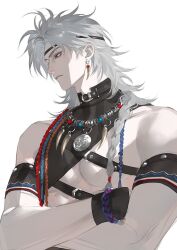 Rule 34 | 1boy, armband, bone necklace, bracelet, braid, crossed arms, earrings, grey hair, jewelry, long hair, looking to the side, love and deepspace, male focus, maosen, mongolian clothes, necklace, red eyes, solo, sylus (love and deepspace), upper body, white background