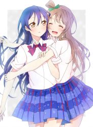 Rule 34 | 10s, 2girls, :d, ^ ^, arm grab, backlighting, bad id, bad pixiv id, blonde hair, blue hair, bow, bowtie, brown eyes, closed eyes, dress shirt, closed eyes, hug, long hair, love live!, love live! school idol project, minami kotori, multiple girls, one side up, open mouth, parted lips, playing with another&#039;s hair, satoimo chika, school uniform, shirt, skirt, smile, sonoda umi, striped, striped bow, yuri