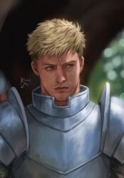 Rule 34 | 1boy, armor, artist name, blonde hair, blurry, blurry background, brown eyes, closed mouth, dungeon meshi, hashtag-only commentary, highres, kaidenchii, laios touden, looking to the side, male focus, outdoors, pauldrons, realistic, short hair, shoulder armor, solo, undercut, upper body, very short hair