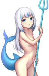 Rule 34 | 1girl, blue eyes, blue hair, blue nails, completely nude, cowboy shot, fins, fish tail, gawr gura, gills, highres, holding, holding weapon, hololive, hololive english, multicolored hair, nail polish, navel, nitrus, nude, polearm, shark girl, shark tail, solo, tail, trident, two-tone hair, virtual youtuber, weapon, white background, white hair