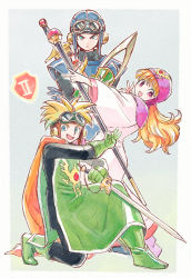 Rule 34 | 1girl, 2boys, :d, blonde hair, blue eyes, cape, dragon quest, dragon quest ii, fantasy, goggles, goggles on head, goggles on headwear, head scarf, multiple boys, on one knee, open mouth, prince of lorasia, prince of samantoria, princess of moonbrook, red eyes, robe, simple background, smile, staff, sword, v, weapon, yuza