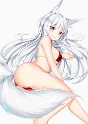 Rule 34 | 1girl, absurdres, animal ear fluff, animal ears, ass, azur lane, bad id, bad pixiv id, bare arms, bare legs, bare shoulders, barefoot, bikini, blush, breasts, catnnn, closed mouth, commentary request, covered erect nipples, feet out of frame, fox ears, fox tail, highres, knees together feet apart, large breasts, long hair, looking at viewer, lying, on side, purple eyes, red bikini, shinano (azur lane), silver hair, simple background, solo, swimsuit, tail, thighs, white background