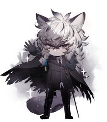Rule 34 | 1boy, absurdres, animal ear fluff, animal ears, arknights, baocaizi, black footwear, black gloves, black hair, black jacket, black necktie, black pants, boots, cane, chibi, closed mouth, collared shirt, gloves, grey eyes, grey vest, hair between eyes, highres, jacket, knee boots, long sleeves, looking at viewer, male focus, multicolored hair, necktie, outstretched arm, pants, shirt, silver hair, silverash (arknights), smoke, solo, sparkle, streaked hair, tail, vest, white background, white shirt