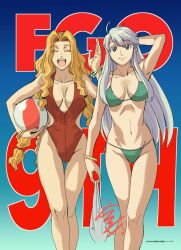 2girls bag ball beachball bikini blonde_hair breasts character_request cleavage closed_eyes fate/grand_order fate_(series) green_bikini hiroe_rei holding holding_bag holding_ball kukulkan_(fate) long_hair looking_at_viewer multiple_girls nail_polish one-piece_swimsuit open_mouth quetzalcoatl_(fate) string_bikini swimsuit