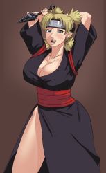 Rule 34 | 1girl, arms behind head, arms up, blonde hair, blue eyes, breasts, cleavage, highres, kunai, large breasts, naruto (series), naruto shippuuden, open mouth, short hair, simple background, sol goodguy, solo, standing, temari (naruto), weapon