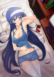 Rule 34 | 1girl, absurdres, ahoge, armpits, bed, blue eyes, blue hair, breasts, candy, chocolate, chocolate bar, cleavage, computer, desk, finger to mouth, food, headband, highres, large breasts, long hair, looking at viewer, lying, midriff, navel, no bra, on back, on bed, orie ballardiae harada, pillow, shorts, solo, tagme, tank top, thighhighs, under night in-birth, virus-g, white headband, zettai ryouiki