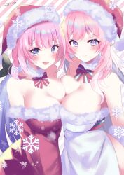 Rule 34 | 2girls, bare shoulders, blue eyes, blush, bow, bowtie, breasts, christmas, cleavage, closed mouth, diagonal striped background, dress, elf, elysia (herrscher of human: ego) (honkai impact), elysia (honkai impact), elysia (miss pink elf) (honkai impact), hair between eyes, hat, highres, honkai (series), honkai impact 3rd, large breasts, long hair, looking at viewer, multiple girls, open mouth, pink hair, pink pupils, pointy ears, purple eyes, red bow, red bowtie, red dress, santa costume, santa hat, smile, snowflakes, umiusea works, white dress