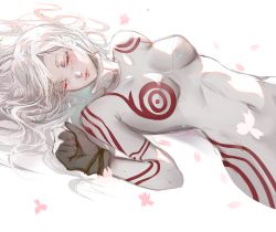 Rule 34 | 1girl, absurdres, albino, bodysuit, breasts, closed mouth, colored eyelashes, commentary, deadman wonderland, donatsu (donut007008), gloves, highres, lips, long hair, mittens, navel, red eyes, shiro (deadman wonderland), simple background, skin tight, smile, solo, very long hair, white background, white hair