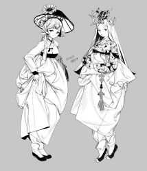 Rule 34 | 2girls, antlers, breasts, dated, floral print, flower, full body, greyscale, hair ribbon, hanbok, hat, hat flower, horns, jewelry, korean clothes, korean commentary, korean text, lemon89h, long hair, long sleeves, looking at viewer, low ponytail, medium breasts, monochrome, multiple girls, original, pants, ponytail, ribbon, ring, shoes, sideways glance, simple background, skirt hold, small breasts, smile, socks, standing, straight hair, tassel