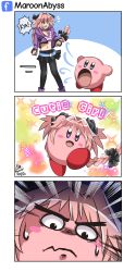 Rule 34 | 1boy, 3koma, artist name, astolfo (fate), black bow, black legwear, black ribbon, black skirt, blush, bow, braid, comic, commentary, fang, fate/grand order, fate (series), hair bow, hair intakes, hair ribbon, highres, jacket, kirby, kirby (series), long hair, looking at viewer, male focus, maroonabyss, multicolored hair, navel, nintendo, open mouth, pantyhose, pink hair, purple eyes, purple jacket, ribbon, serious, shirt, single braid, skirt, smile, streaked hair, striped clothes, striped shirt, trap