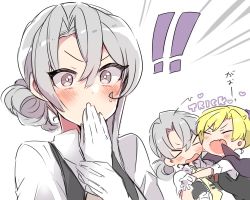 Rule 34 | !, !!, &gt;:d, &gt; &lt;, 10s, 2girls, :d, adapted costume, asymmetrical hair, blonde hair, blush, cape, closed eyes, covering own mouth, fang, glomp, gloves, grey eyes, grey vest, hair between eyes, halloween, hand over own mouth, heart, hug, kantai collection, maikaze (kancolle), multiple girls, neck ribbon, nowaki (kancolle), open mouth, red ribbon, ribbon, short sleeves, silver hair, smile, takeshima eku, v-shaped eyebrows, vest, white background, white gloves