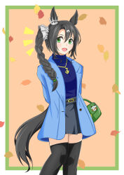 1girl :d absurdres alternate_hairstyle animal_ears arms_behind_back autumn_leaves black_hair black_thighhighs blue_coat blue_sweater border braid braided_ponytail casual cheval_grand_(umamusume) coat ear_through_crown green_bag green_border green_eyes grey_skirt hair_between_eyes highres horse_ears horse_girl horse_tail ke_(pixiv_84996172) leaf long_hair looking_at_viewer multicolored_hair open_mouth orange_background satono_crown_(umamusume) side_ponytail simple_background skirt smile solo streaked_hair sweater tail thighhighs turtleneck turtleneck_sweater umamusume white_border white_hair