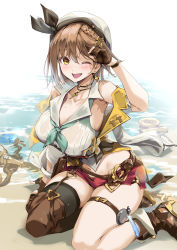 Rule 34 | 1girl, atelier (series), atelier ryza, atelier ryza 2, bare shoulders, belt, beret, black ribbon, blush, boots, braid, breasts, brown eyes, brown footwear, brown gloves, brown hair, cleavage, collarbone, collared shirt, commentary, detached sleeves, earrings, gloves, hair ornament, hat, highres, jewelry, key, key necklace, large breasts, looking at viewer, necklace, nylon (nylon 100%), one eye closed, open clothes, open mouth, open vest, partially fingerless gloves, red shorts, reisalin stout, ribbon, shirt, shore, short hair, short shorts, shorts, side braid, single sleeve, single thighhigh, sitting, sleeveless, smile, solo, star (symbol), star earrings, thigh strap, thighhighs, thighs, vest, wariza, wet, white hat, white shirt, yellow vest