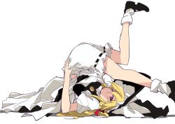 Rule 34 | 1girl, black footwear, black hat, blonde hair, bloomers, braid, commentary request, folded, from side, full body, hat, ichimura kanata, kirisame marisa, long hair, looking at viewer, one-hour drawing challenge, short sleeves, side braid, simple background, single braid, socks, solo, touhou, underwear, white background, white socks, witch hat