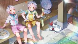 Rule 34 | 2boys, air conditioner, barefoot, brothers, cat, double scoop (food fantasy), fingerless gloves, food, food fantasy, gloves, hat, multiple boys, no headwear, open mouth, pink eyes, popsicle, resolution mismatch, sailor collar, sailor hat, short hair, shorts, siblings, sitting, source larger, strawberry (food fantasy), tatami, vanilla (food fantasy), watermelon bar, white hair, yellow eyes