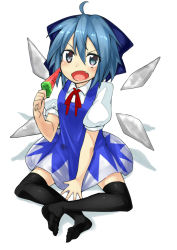 Rule 34 | 1girl, bad id, bad pixiv id, black thighhighs, blue eyes, blue hair, blush, bow, cirno, dress, fang, food, hair bow, hati105, ice, ice wings, matching hair/eyes, open mouth, popsicle, short hair, short sleeves, sitting, solo, thighhighs, touhou, watermelon bar, watermelon bar, wings