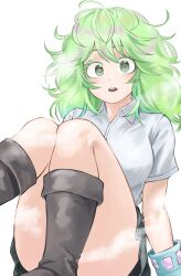 Rule 34 | 1girl, absurdres, boku no hero academia, collared shirt, fengling (furin-jp), green eyes, green hair, green skirt, hagakure tooru, highres, knees up, looking at viewer, medium hair, messy hair, open mouth, shirt, simple background, sitting, skirt, solo, thick eyelashes, unusually visible, white background, white shirt
