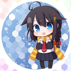 Rule 34 | 1girl, :d, ahoge, black hair, black pantyhose, black serafuku, black shirt, black skirt, blue eyes, blush, bow, braid, brown footwear, chibi, commentary request, fringe trim, full body, hair between eyes, hair bow, hair ornament, hands up, highres, honeycomb (pattern), honeycomb background, kantai collection, long hair, long sleeves, looking at viewer, necktie, open mouth, pantyhose, pleated skirt, red bow, red necktie, rensei, scarf, school uniform, serafuku, shigure (kancolle), shirt, shoes, single braid, skirt, sleeves past wrists, smile, solo, standing, striped clothes, striped scarf
