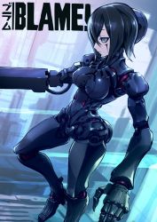 Rule 34 | 1girl, arm cannon, black hair, blame!, breasts, chingisu, closed mouth, copyright name, cyborg, facial mark, graviton beam emitter, grey eyes, joints, medium breasts, medium hair, robot joints, sanakan, science fiction, solo, weapon
