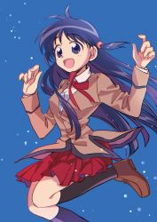 Rule 34 | 1girl, black socks, blue background, blue eyes, blue hair, blunt ends, breasts, brown footwear, brown jacket, collared shirt, foot out of frame, hair tie, happy, highres, jacket, jumping, light blush, loafers, long hair, long sleeves, looking ahead, medium breasts, neck ribbon, open mouth, pleated skirt, red ribbon, red skirt, ribbon, school rumble, school uniform, shirt, shoes, skirt, smile, socks, solo, suzuki (2red moon3), tsukamoto tenma, two side up, w arms, white shirt