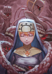Rule 34 | 1girl, closed mouth, commentary, creepy, cross, cross necklace, double (skullgirls), extra eyes, closed eyes, facing viewer, habit, hair between eyes, headdress, horror (theme), jewelry, necklace, nun, orange hair, skullgirls, smile, solo, tentacles, zakusi