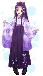 Rule 34 | 1girl, 54hao, :d, black footwear, black hakama, boots, commentary request, cross-laced footwear, floral print, flower, forehead, full body, hair flower, hair ornament, hakama, hakama skirt, high heel boots, high heels, highres, japanese clothes, kimono, lace-up boots, long hair, long sleeves, looking at viewer, open mouth, original, parted bangs, pigeon-toed, pinching sleeves, print hakama, print kimono, purple eyes, purple hair, purple kimono, red flower, red rose, rose, sidelocks, skirt, sleeves past wrists, smile, solo, standing, teeth, upper teeth only, white background, wide sleeves, x hair ornament